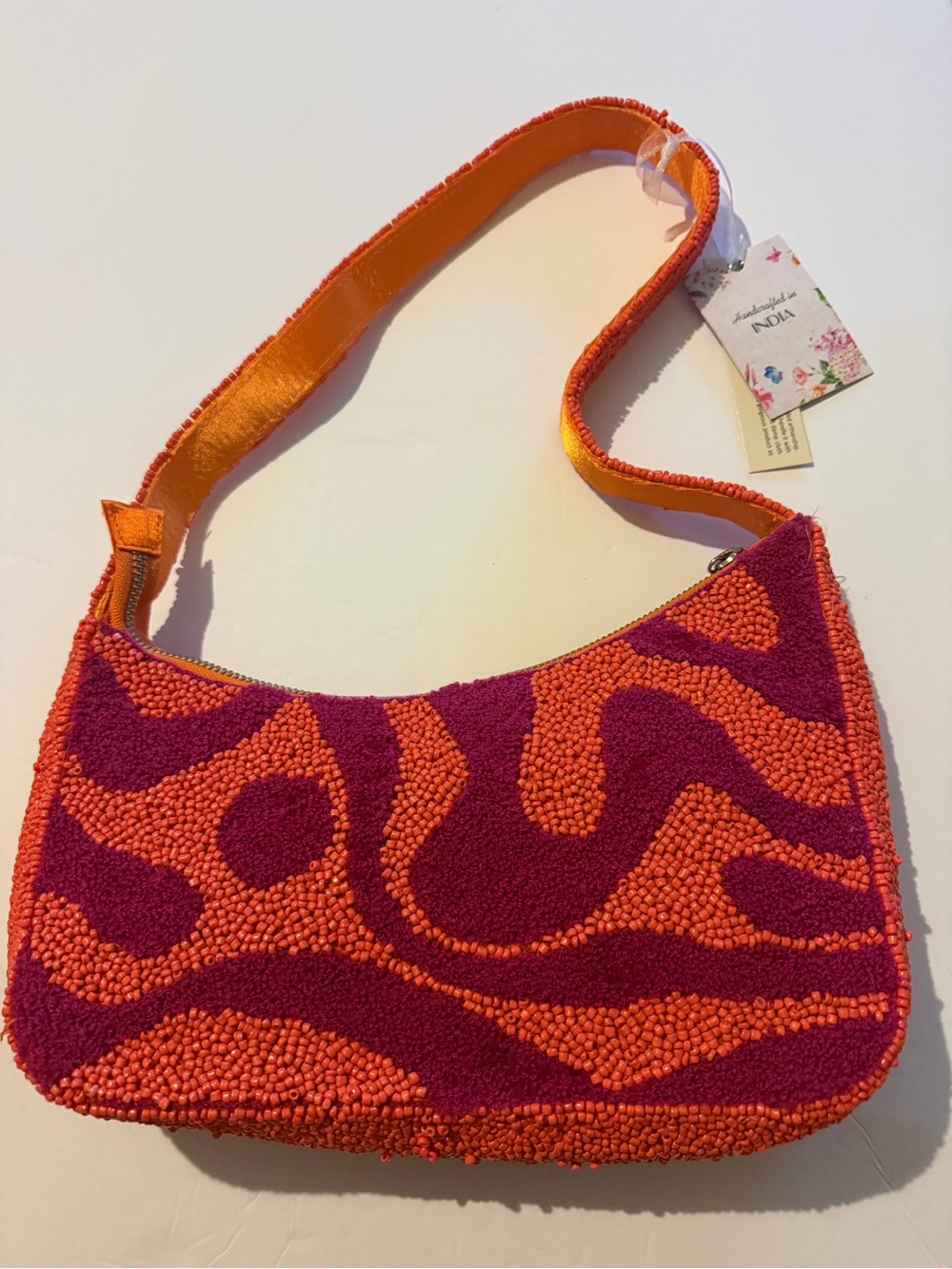 Orange & Magenta Hand-Beaded Shoulder Bag | Handcrafted in India unused w/ tags